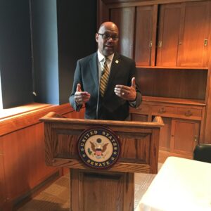 Victor Dickson, President and CEO of Safer Foundation, a 50 year old reentry and workforce development services provider, presents about reentry and employment issues at a Second Chance Month Congressional briefing on reentry and workforce development.